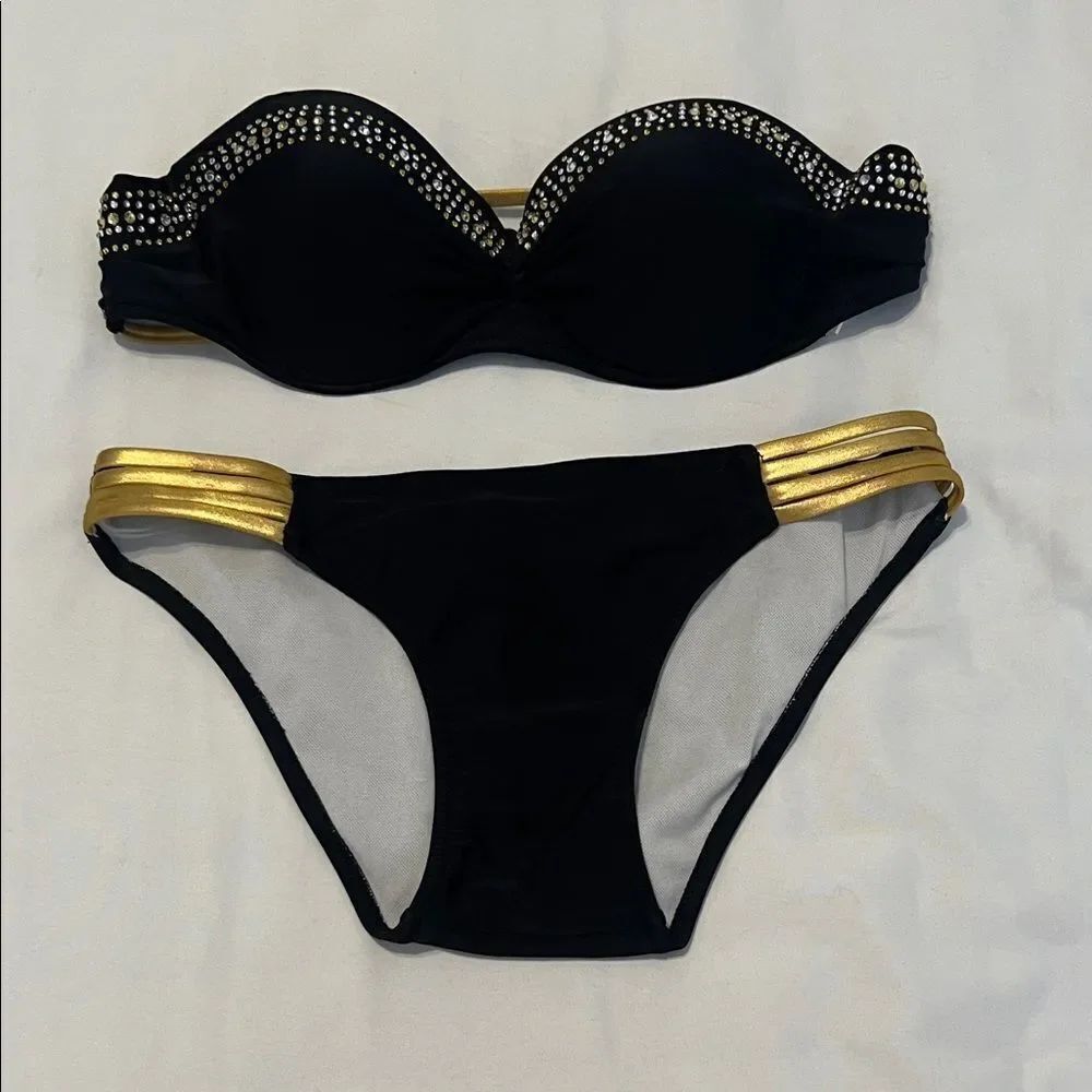 Black and Gold Women's Bikini Set with rhinestones around the top EUC
